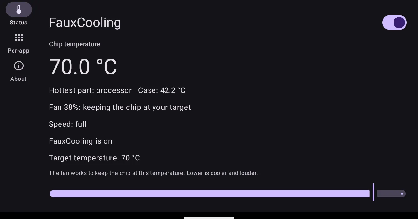The FauxCooling status page on a Retroid Pocket 4 Pro under load: chip temperature 70.0 degrees Celsius, fan at 38 percent, keeping the chip at your target, speed full, target temperature 70.