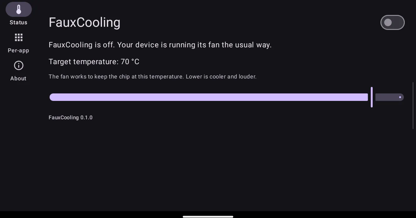 The status page with the switch off. It reads: FauxCooling is off. Your device is running its fan the usual way.